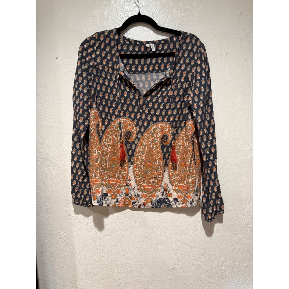 Element Eden‎ Womens Boho Paisley Tassel Blouse Navy Orange Rayon Top M J542DCED